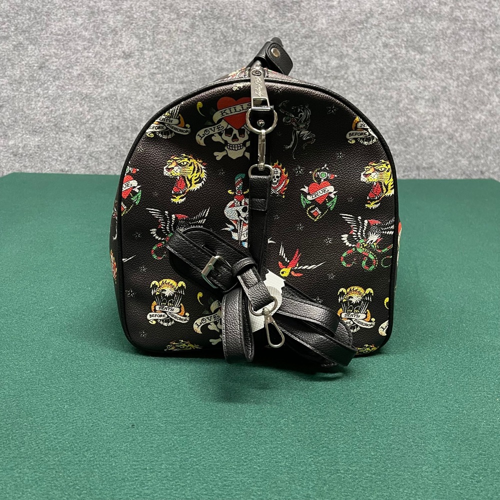 Ed Hardy Duffle Bag Black Tattoo Flash Print Vegan Leather Laptop Sleeve Travel - Picture 5 of 12